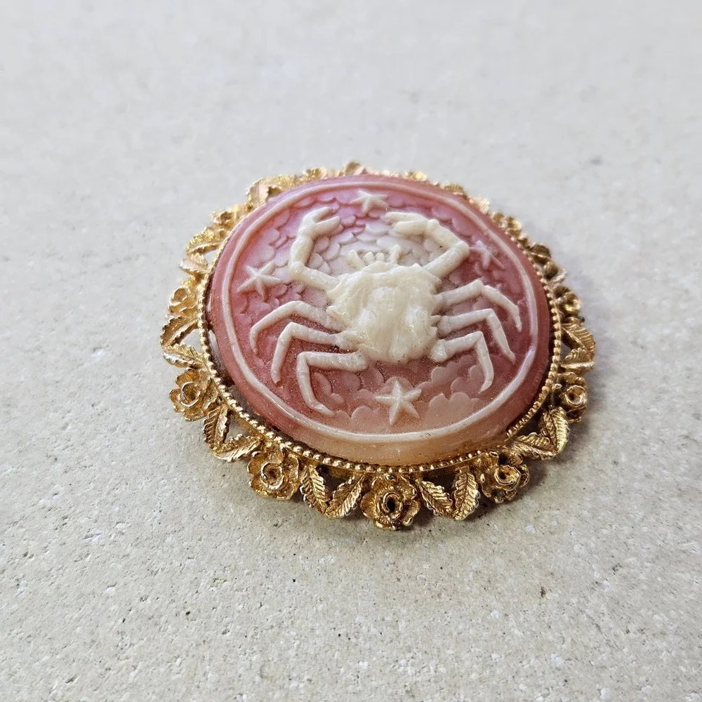Vtg 60s 70s Cancer Zodiac Crab Cameo Brooch Gold Tone Nautical Pink Salmon Pin - Picture 3 of 5